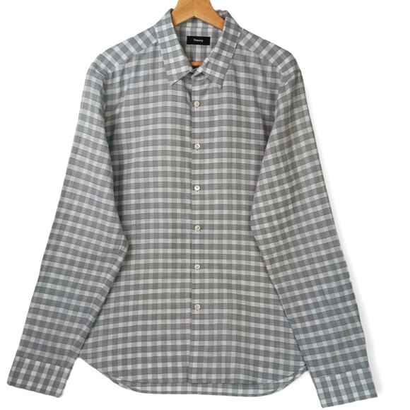 Theory SZ L Men's Zack_Bowrey Gray/White Check Linen Blend Shirt - Picture 2 of 7